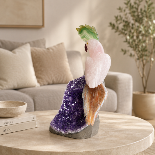 Rosavira Amethyst Gemstone Bird – Rose Quartz Crystal Parrot Décor, Love & Harmony Symbol (12 Inch, 3.4 kg)