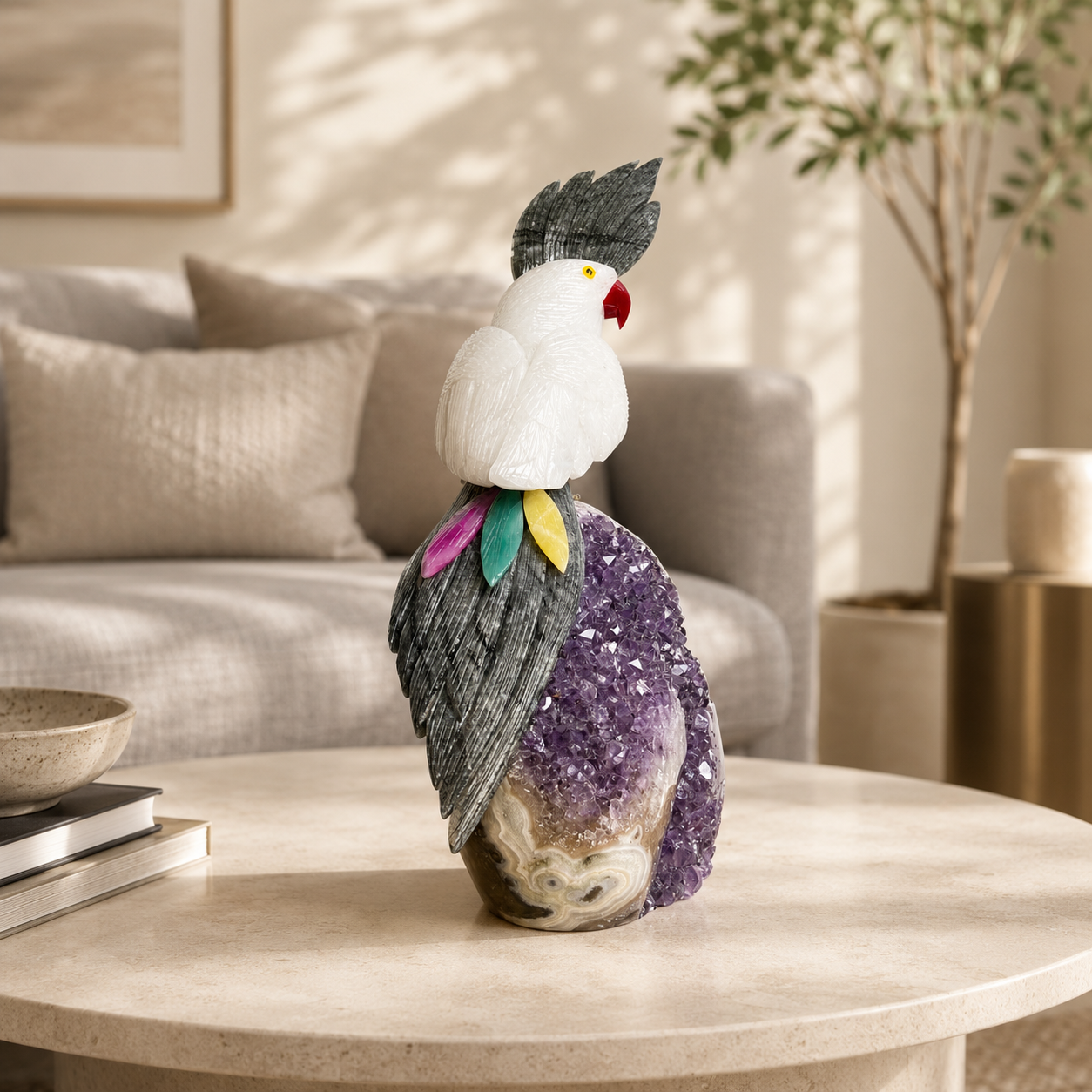 Lumivara Amethyst Gemstone Bird – White Quartz Crystal Parrot Décor, Peace & Positivity Symbol (13 Inch, 4.4 kg)