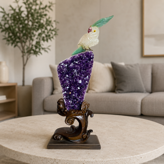 Lumivara Amethyst Gemstone Bird – White Quartz Crystal Parrot Décor, Peace & Prosperity Symbol (17 Inch, 3.3 kg)
