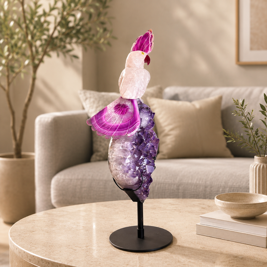 Lumivara Amethyst Gemstone Bird – White Quartz Crystal Parrot Décor, Love & Harmony Symbol (20 Inch, 5.5 kg)
