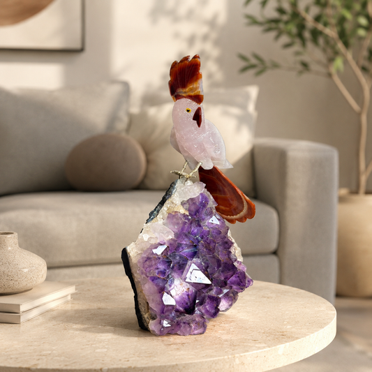 Lumivara White Quartz Gemstone Bird – Brown Agate Crest Crystal Parrot Décor, Harmony & Elegance Symbol (13 Inch, 4 kg)
