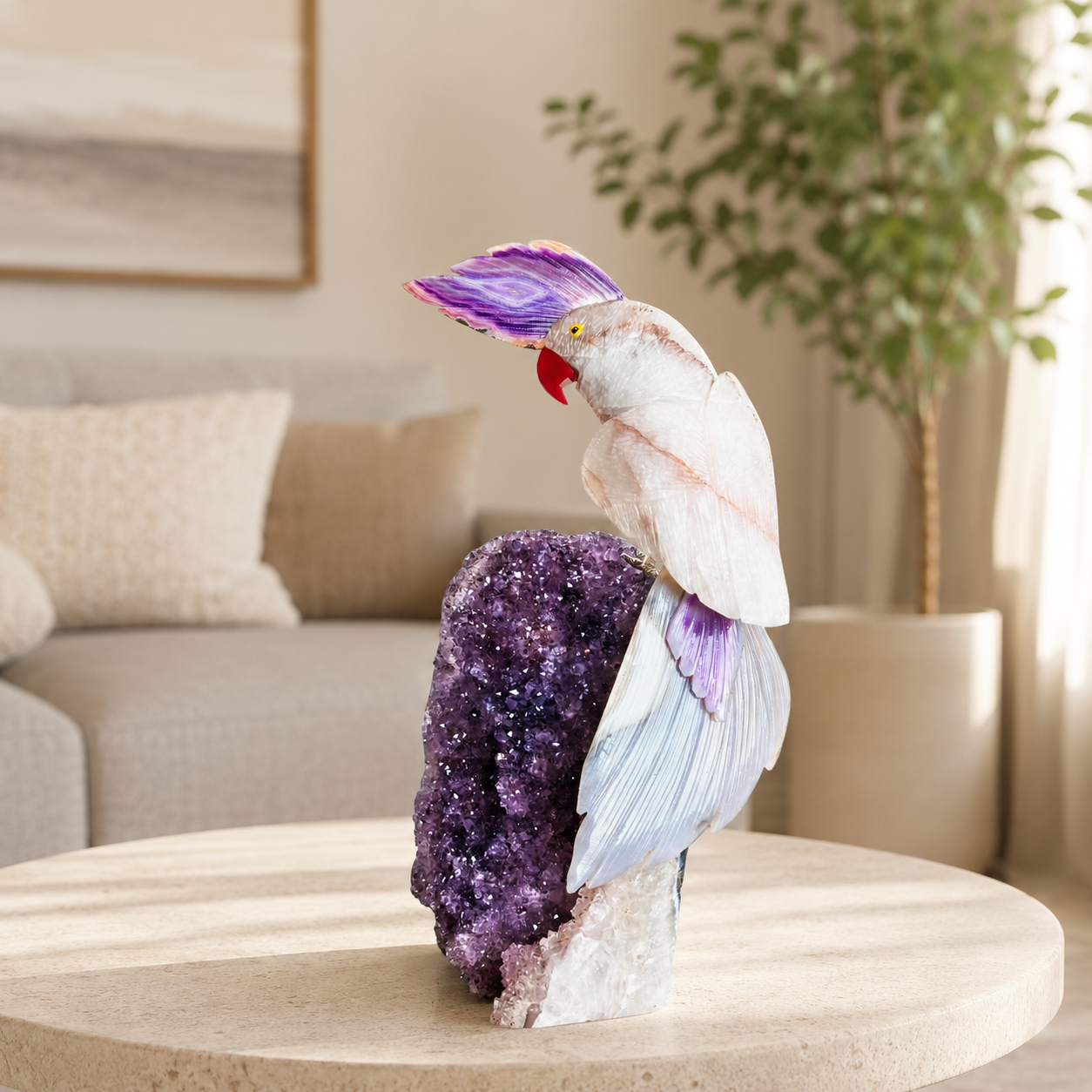Ametrinea Amethyst Gemstone Bird – Milky Quartz Crystal Parrot Décor, Serenity & Harmony Symbol (13 Inch, 4 kg)