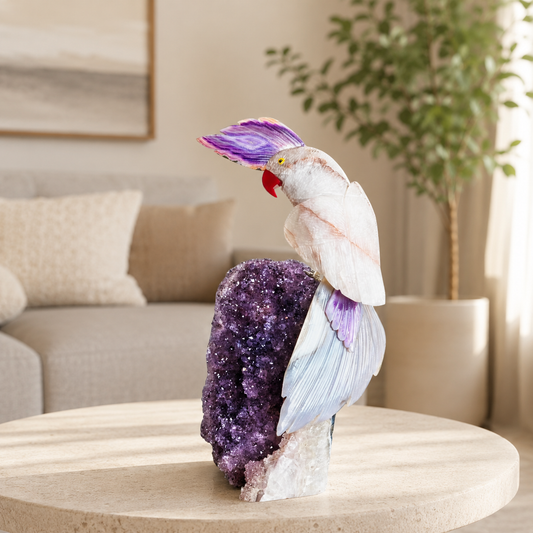 Ametrinea Amethyst Gemstone Bird – Milky Quartz Crystal Parrot Décor, Serenity & Harmony Symbol (13 Inch, 4 kg)