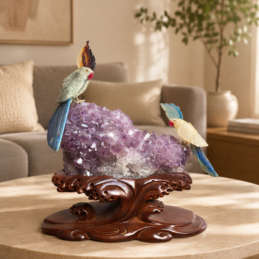 Sylverra Amethyst Gemstone Bird Duo – Crystal Parrot Luxury Décor, Harmony & Elegance Symbol (14 Inch, 6.490 kg)