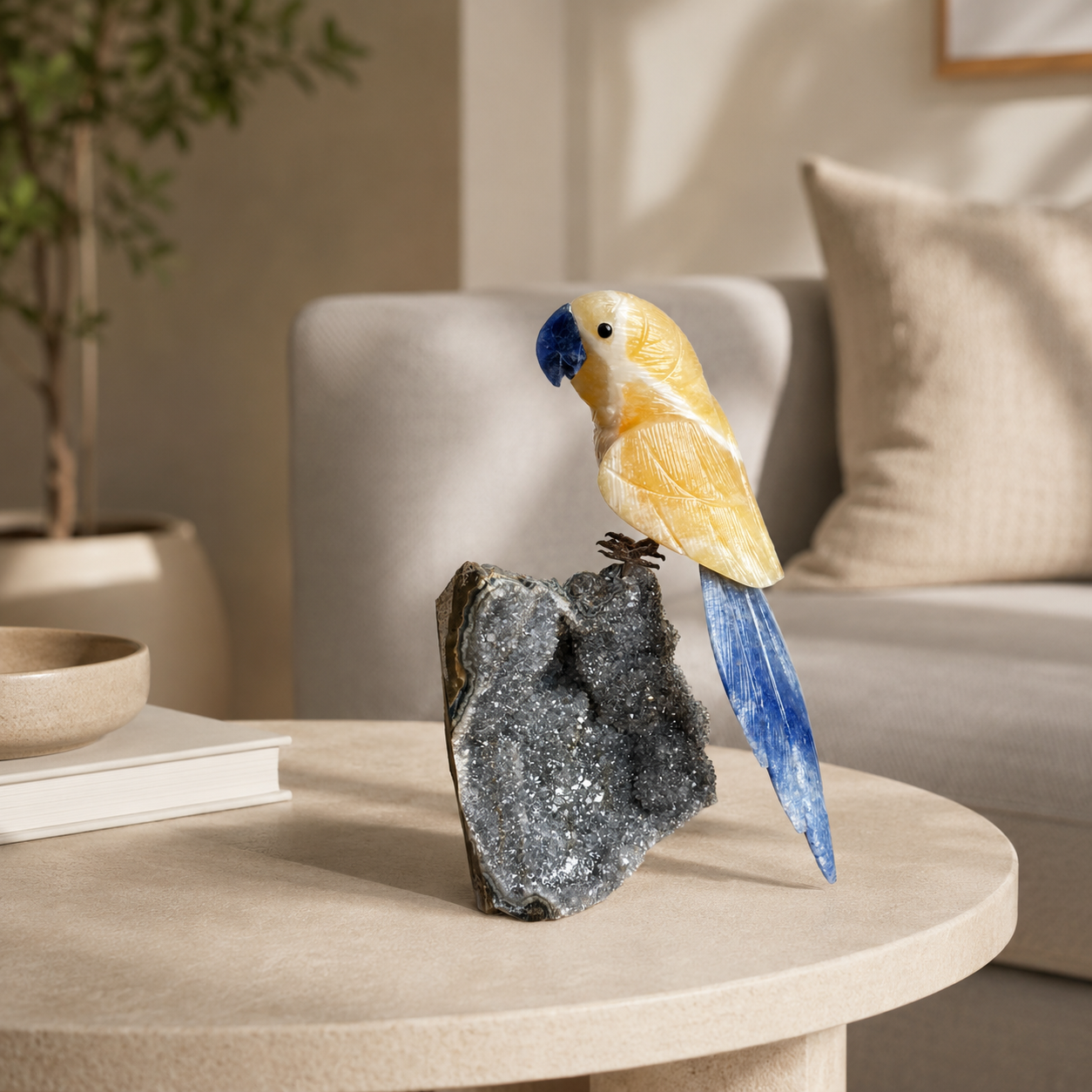 Solavelle Amethyst Gemstone Bird – Yellow Calcite & Sodalite Crystal Parrot Décor, Joy & Wisdom Symbol (8 Inch, 1.3 kg)