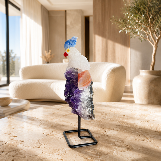 Celestique Amethyst Gemstone Bird – Clear Quartz Crystal Parrot Décor, Clarity & Joy Symbol (5.4 Inch, 266 gm)