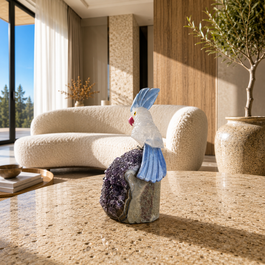 Azurique Amethyst Gemstone Bird – Clear Quartz Crystal Parrot Décor, Clarity &amp; Peace Symbol (4 Inch, 216 gm)