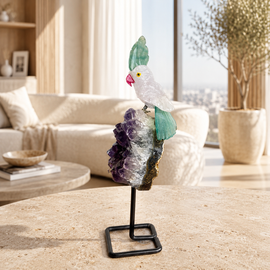 Celestara Amethyst Gemstone Bird – White Quartz Crystal Parrot Décor, Clarity & Prosperity Symbol (7 Inch, 260 gm)