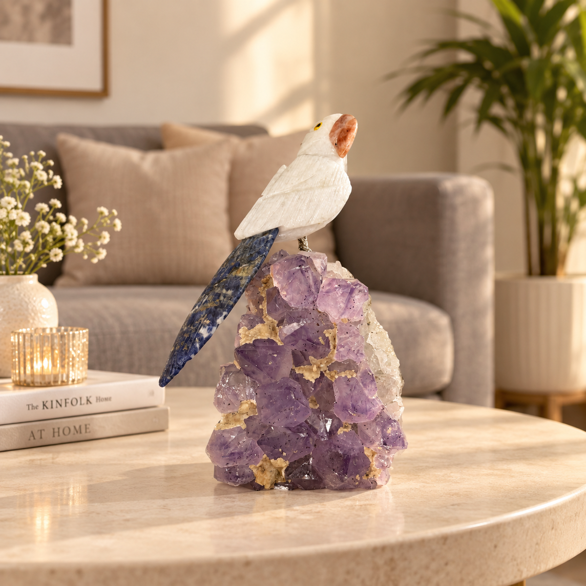 Seravia White Quartz Gemstone Bird – Blue Sodalite Crystal Parrot on Amethyst Base, Clarity & Wisdom Symbol, 6.5 Inch, 0.902 kg