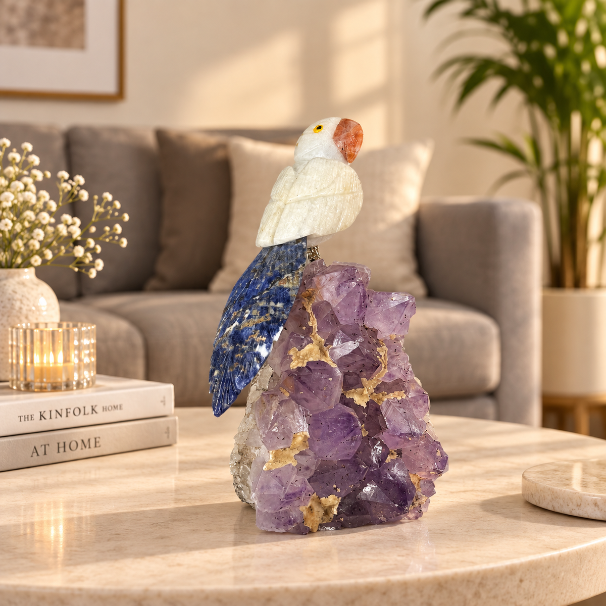 Seravia White Quartz Gemstone Bird – Blue Sodalite Crystal Parrot on Amethyst Base, Clarity & Wisdom Symbol, 6.5 Inch, 0.902 kg