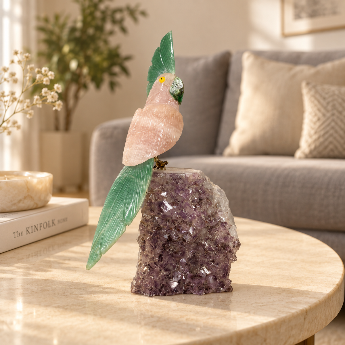Rosavelle Rose Quartz Gemstone Bird – Green Aventurine Crystal Parrot on Amethyst Base, Love & Harmony Symbol, 8 Inch, 0.800 kg