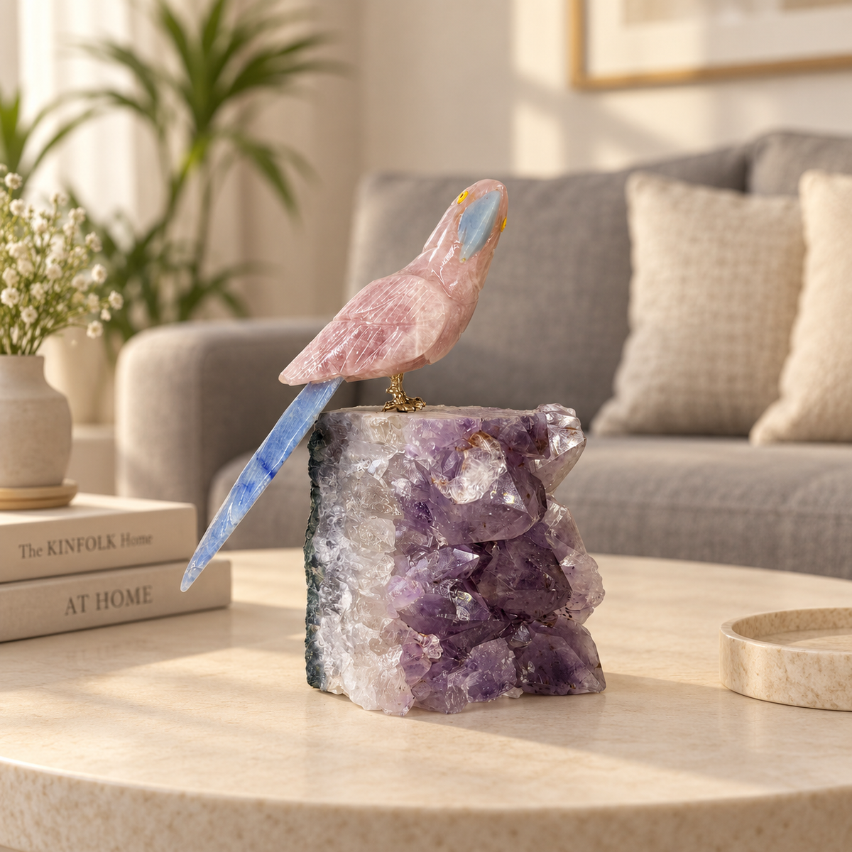 Roselune Pink Quartz & Lapis Lazuli Gemstone Bird – Crystal Parrot on Amethyst Base, Love & Wisdom Symbol