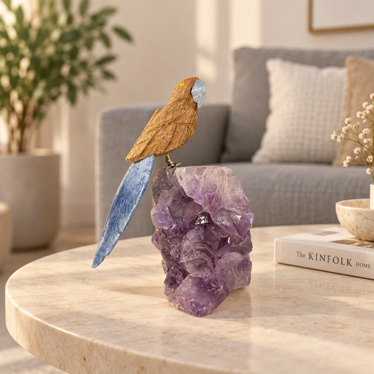 Sylvara Wood Jasper & Lapis Lazuli Gemstone Bird – Crystal Parrot on Amethyst Base, Grounding & Wisdom Symbol, 6.0 Inch, 0.800 kg
