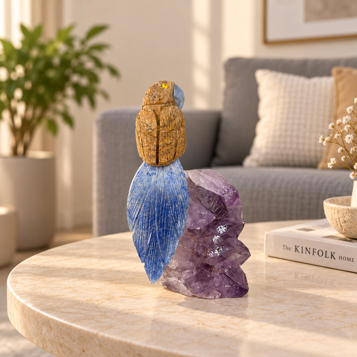 Sylvara Wood Jasper & Lapis Lazuli Gemstone Bird – Crystal Parrot on Amethyst Base, Grounding & Wisdom Symbol, 6.0 Inch, 0.800 kg