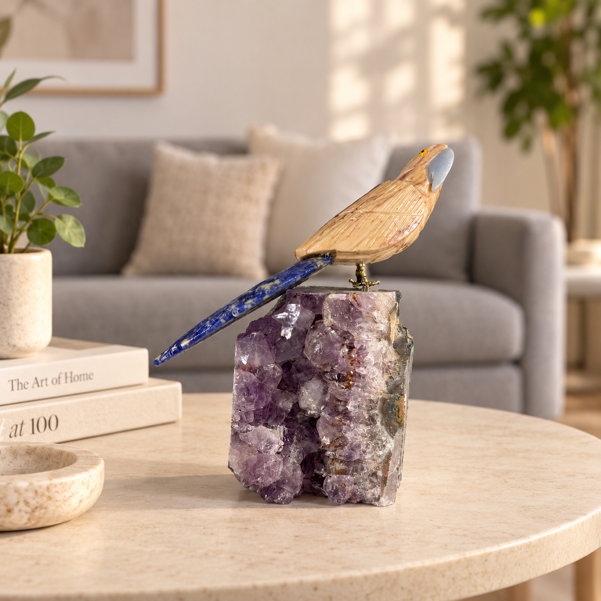 Woodara Amethyst Gemstone Bird – Wood Jasper & Blue Sodalite Crystal Parrot Home Décor, Grounding & Wisdom Symbol, 6.0 Inch, 0.800 kg