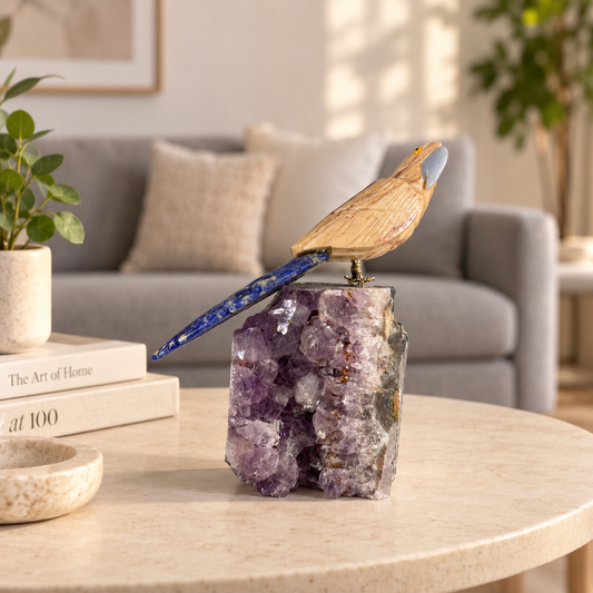 Woodara Amethyst Gemstone Bird – Wood Jasper & Blue Sodalite Crystal Parrot Home Décor, Grounding & Wisdom Symbol, 6.0 Inch, 0.800 kg