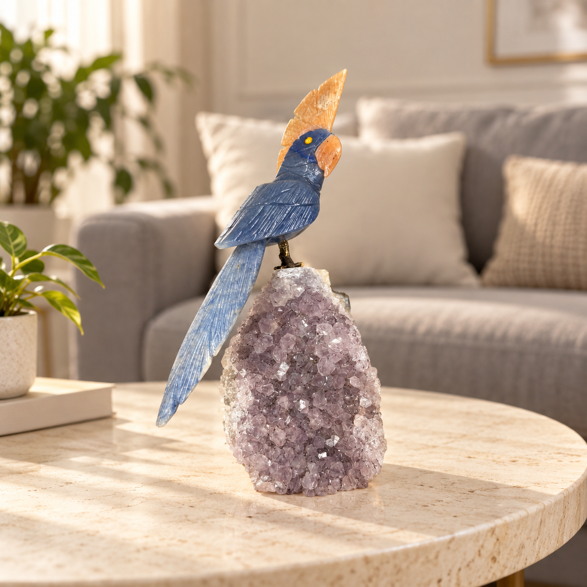Azurielle Amethyst Gemstone Bird – Blue Calcite, Lapis Lazuli & Orange Calcite Crystal Parrot Home Décor, Calm & Wisdom Symbol 7.0 Inch, 0.650 kg