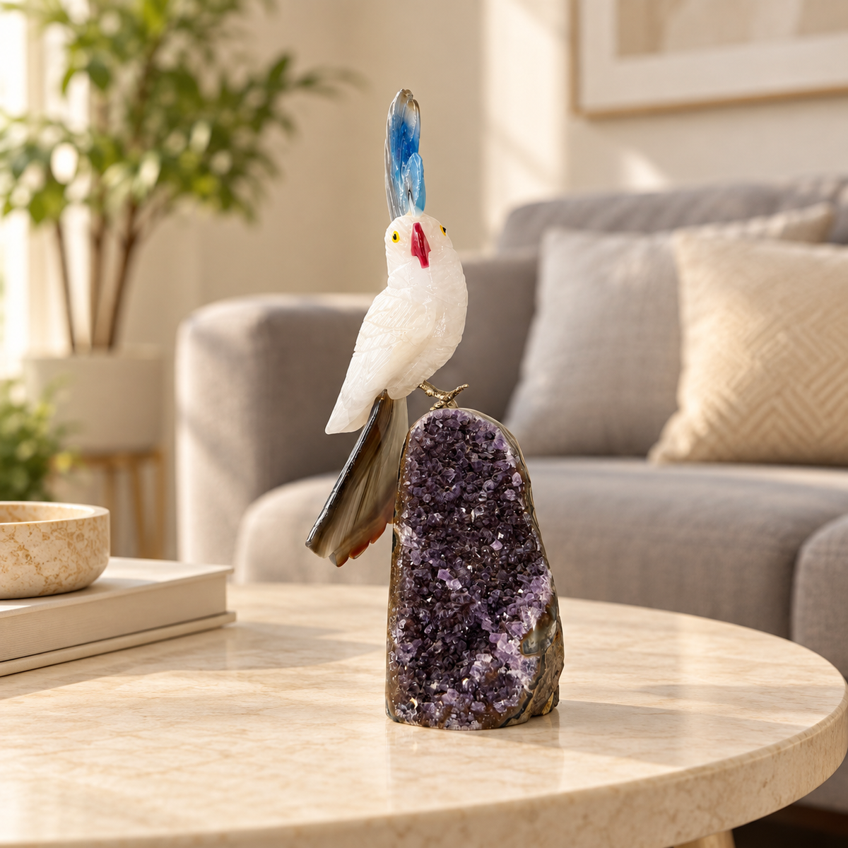 Aurelio White Quartz Gemstone Bird – Brown & Blue Agate Crystal Parrot on Amethyst Base, Clarity & Balance Symbol 7.5 Inch, 0.550 kg