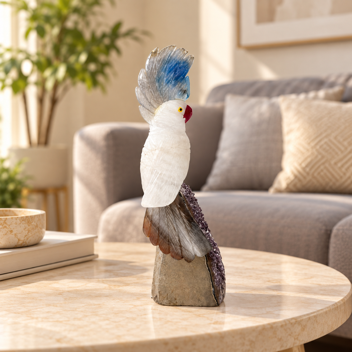 Aurelio White Quartz Gemstone Bird – Brown & Blue Agate Crystal Parrot on Amethyst Base, Clarity & Balance Symbol 7.5 Inch, 0.550 kg
