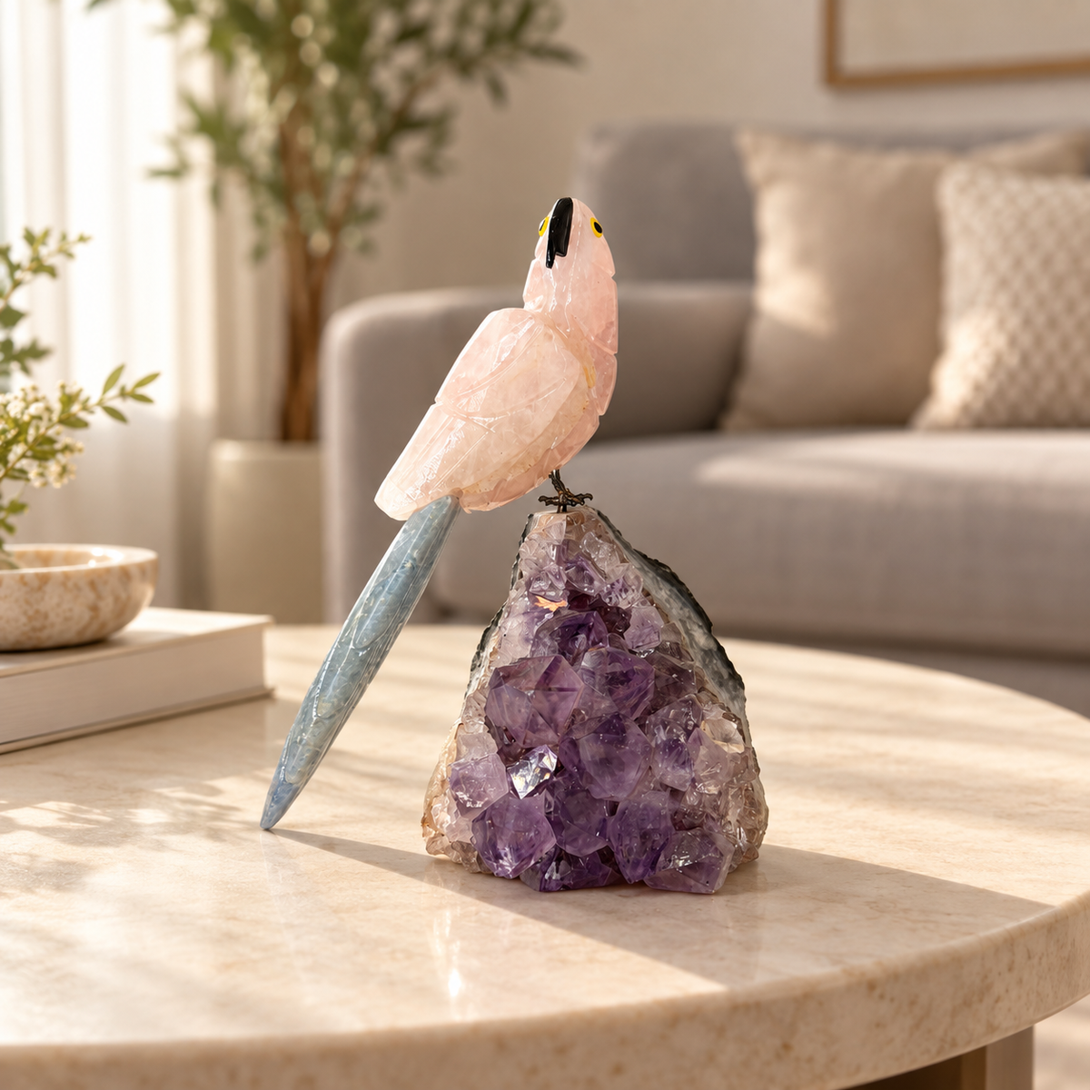 Rosavelle Rose Quartz Gemstone Bird – Lapis Lazuli Crystal Parrot on Amethyst Base, Love & Harmony Symbol, 5.2 Inch, 0.650 kg