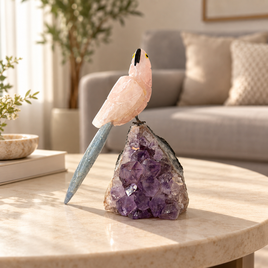 Rosavelle Rose Quartz Gemstone Bird – Lapis Lazuli Crystal Parrot on Amethyst Base, Love & Harmony Symbol, 5.2 Inch, 0.650 kg
