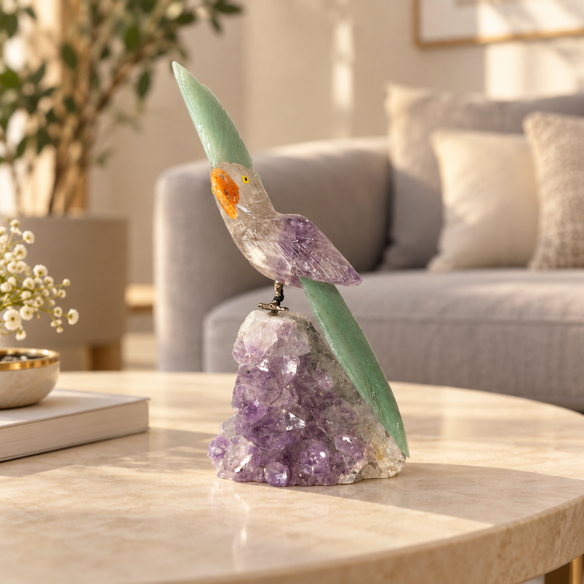 Jadeora Amethyst Gemstone Bird – Green Jade Crystal Parrot Home Décor, Peace & Harmony Symbol, 6.5 Inch, 0.400 kg