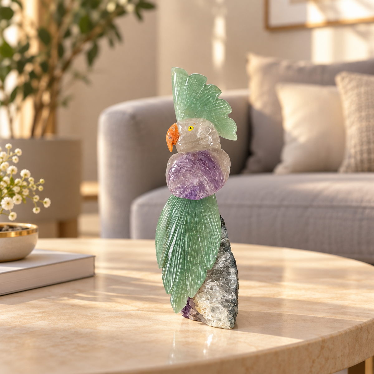 Jadeora Amethyst Gemstone Bird – Green Jade Crystal Parrot Home Décor, Peace & Harmony Symbol, 6.5 Inch, 0.400 kg