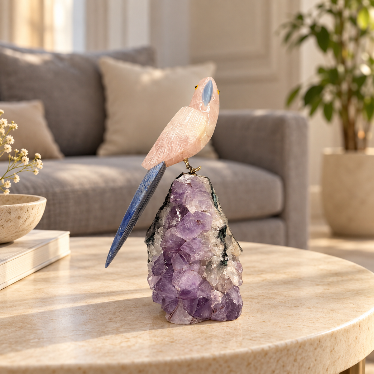 Rosavelle Rose Quartz & Lapis Lazuli Gemstone Bird – Crystal Parrot on Amethyst Base, Love & Wisdom Symbol | 800g, 6.5 inches