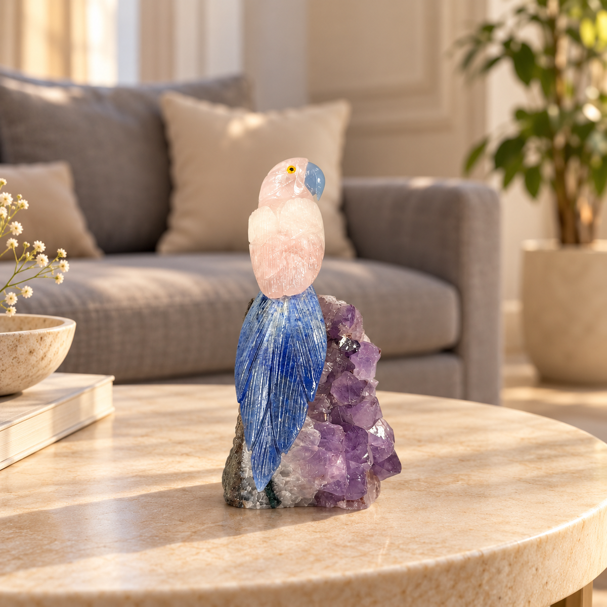 Rosavelle Rose Quartz & Lapis Lazuli Gemstone Bird – Crystal Parrot on Amethyst Base, Love & Wisdom Symbol | 800g, 6.5 inches