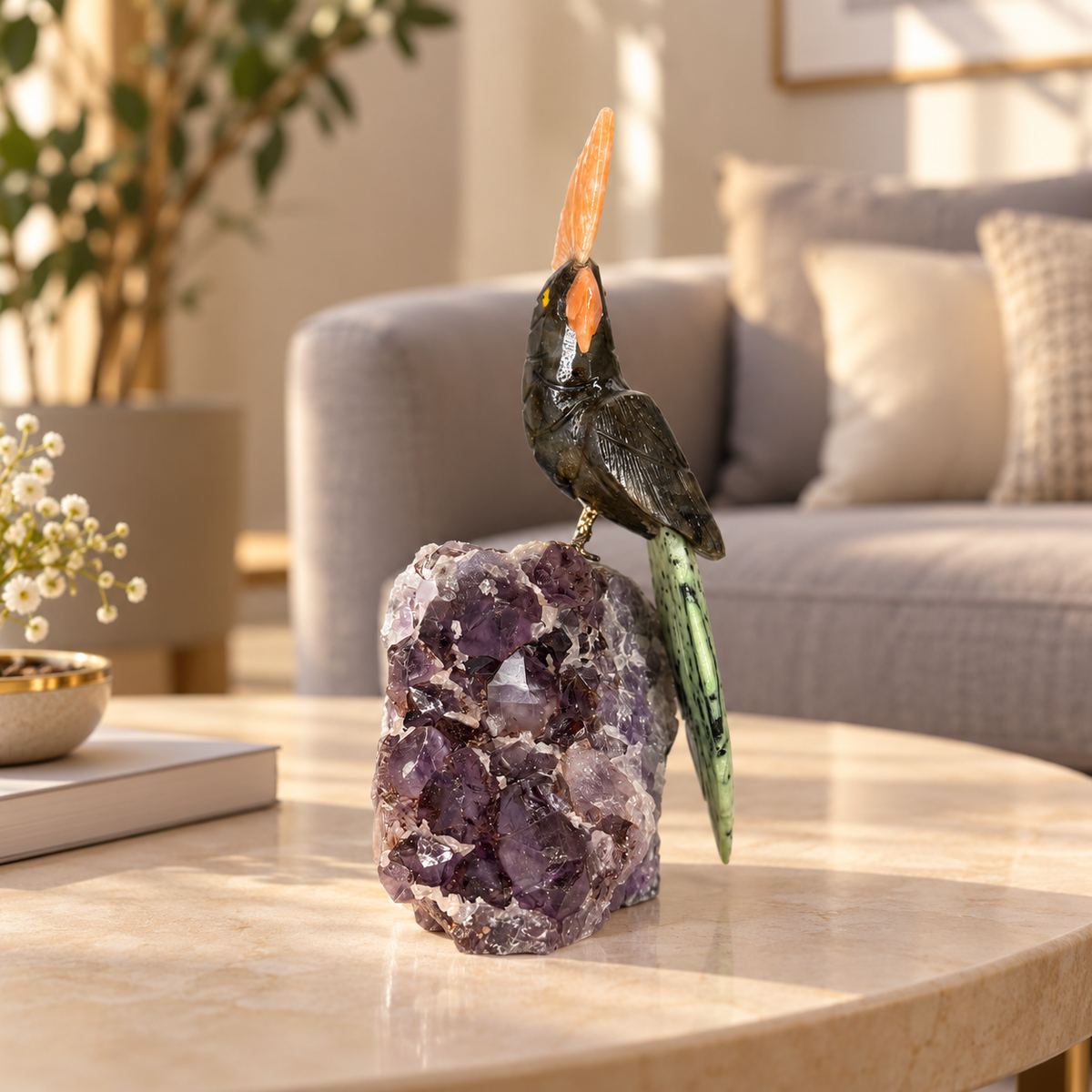 Noctavia Black Tourmaline Gemstone Bird – Ruby Zoisite Crystal Parrot on Amethyst Base, Protection & Vitality Symbol |