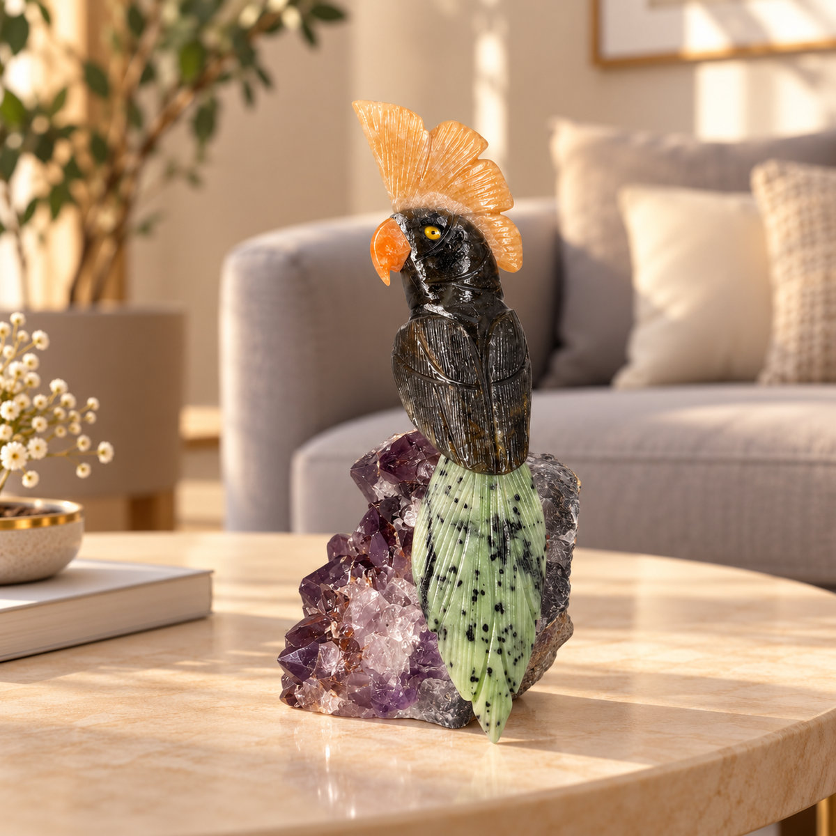 Noctavia Black Tourmaline Gemstone Bird – Ruby Zoisite Crystal Parrot on Amethyst Base, Protection & Vitality Symbol |