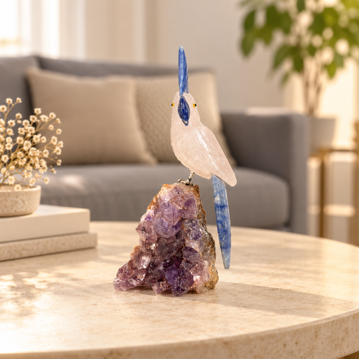 Rosavia Rose Quartz Gemstone Bird – Blue Sodalite Crystal Parrot on Amethyst Base, Love & Harmony Symbol 7.0 Inch, 0.450 kg