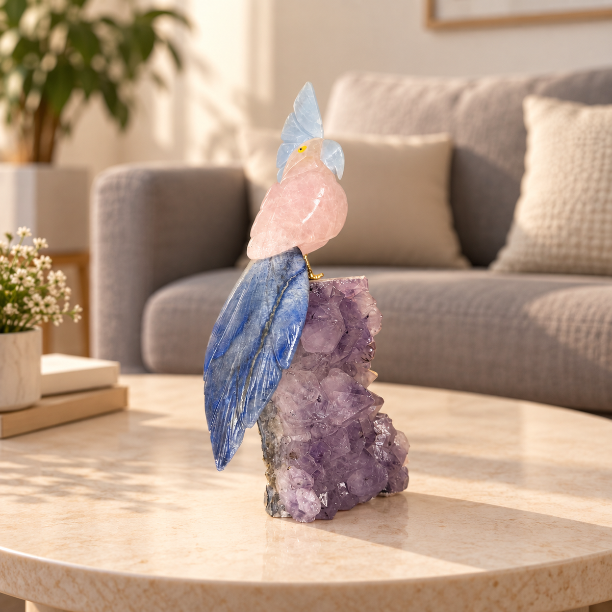 Rosavelle Amethyst Gemstone Bird – Rose Quartz, Blue Sodalite & Lapis Lazuli Crystal Parrot Home Décor, Love & Harmony Symbol 7.0 Inch, 0.600 kg