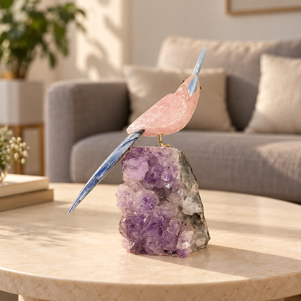 Rosavelle Amethyst Gemstone Bird – Rose Quartz, Blue Sodalite & Lapis Lazuli Crystal Parrot Home Décor, Love & Harmony Symbol 7.0 Inch, 0.600 kg