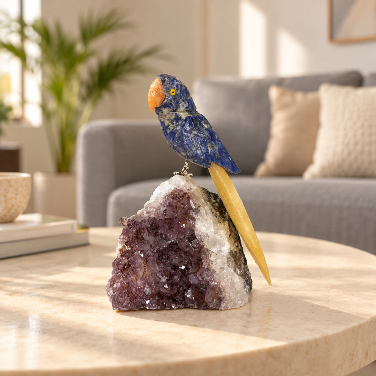Sodalune Amethyst Gemstone Bird – Blue Sodalite & Yellow Calcite Crystal Parrot Home Décor, Wisdom & Positivity Symbol, 6.0 Inch, 0.750 kg