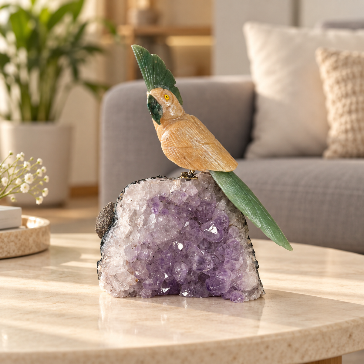Jasvera Amethyst Gemstone Bird – Wood Jasper, Green Jade & Green Aventurine Crystal Parrot Home Décor, Grounding & Prosperity Symbol 7.0 Inch, 0.650 kg