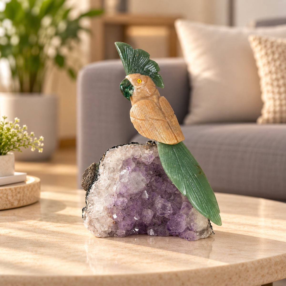 Jasvera Amethyst Gemstone Bird – Wood Jasper, Green Jade & Green Aventurine Crystal Parrot Home Décor, Grounding & Prosperity Symbol 7.0 Inch, 0.650 kg