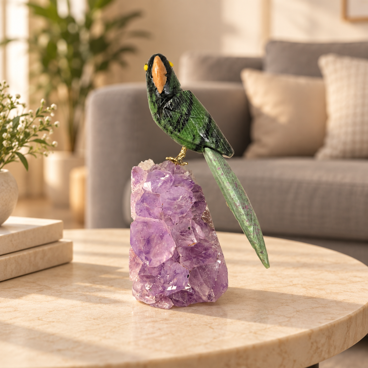 Aventara Green Aventurine Gemstone Bird – Ruby Zoisite Crystal Parrot on Amethyst Base, Prosperity & Harmony Symbol, 6.0 Inch, 0.750 kg