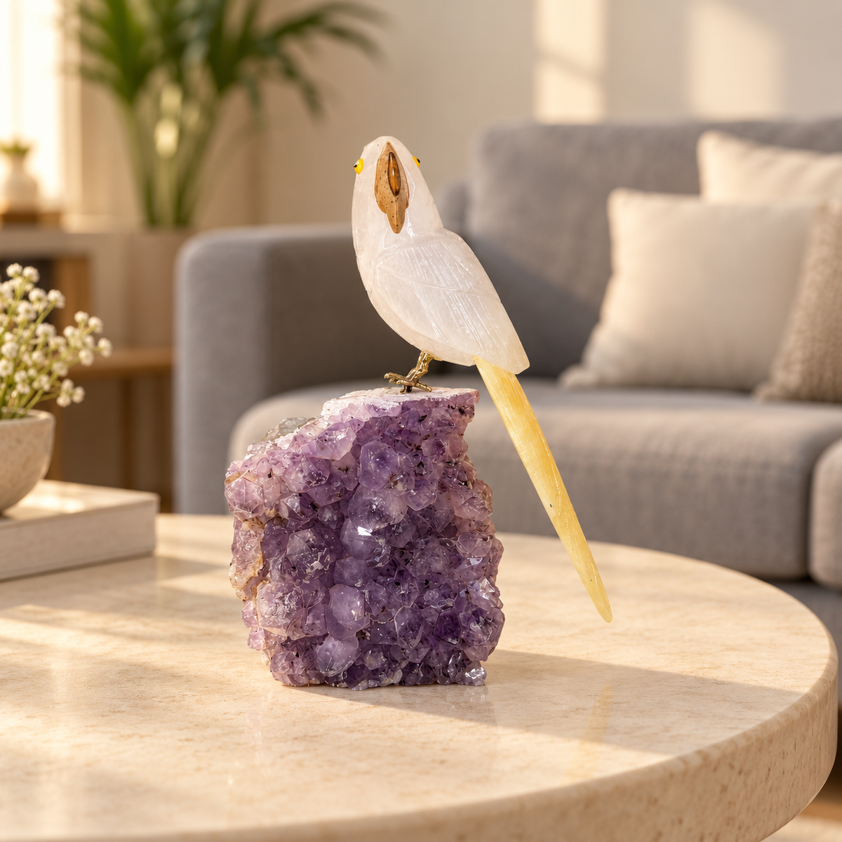 Aurelis Clear Quartz Gemstone Bird – Yellow Calcite Crystal Parrot on Amethyst Base, Clarity & Positivity Symbol, 6.0 Inch, 0.650 kg