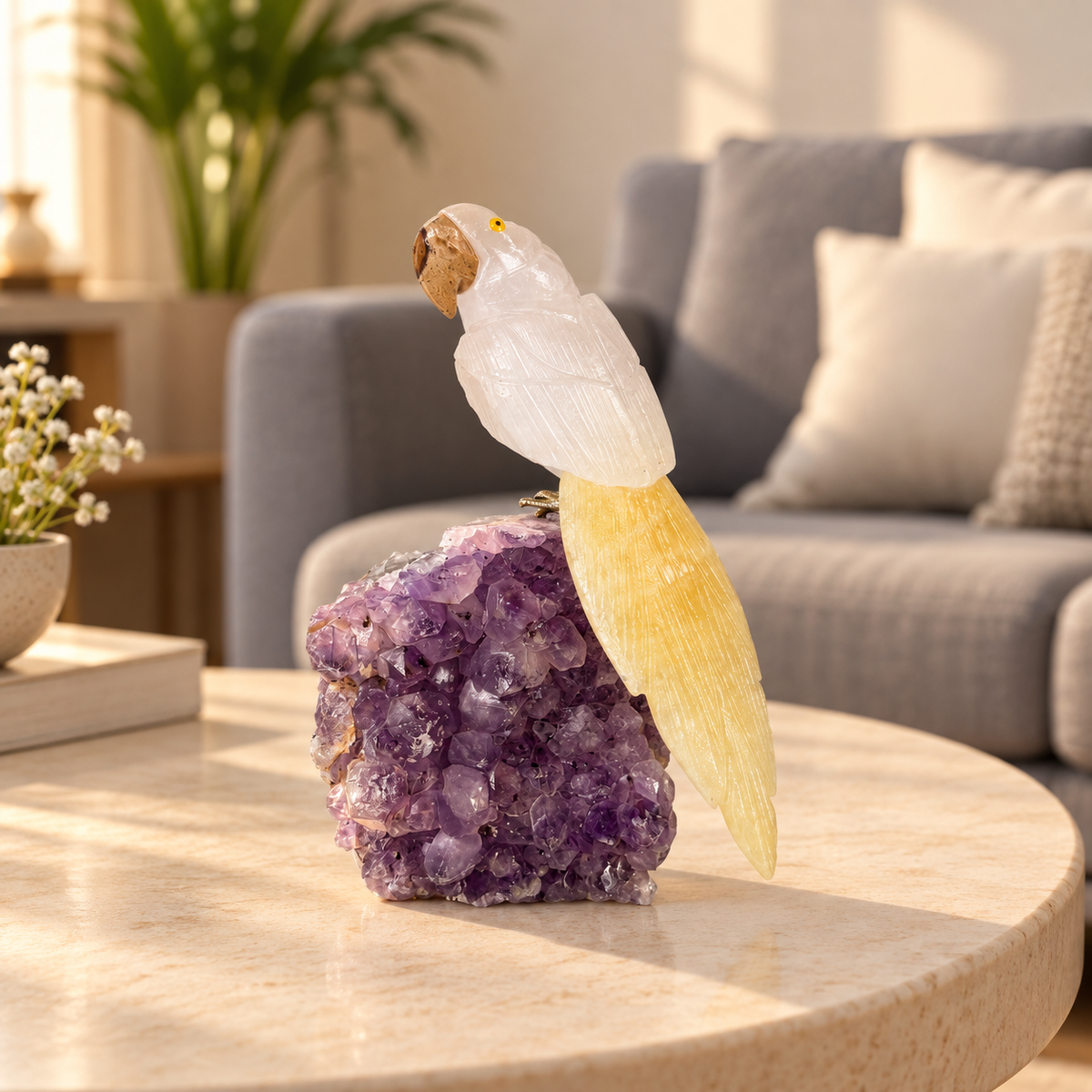 Aurelis Clear Quartz Gemstone Bird – Yellow Calcite Crystal Parrot on Amethyst Base, Clarity & Positivity Symbol, 6.0 Inch, 0.650 kg
