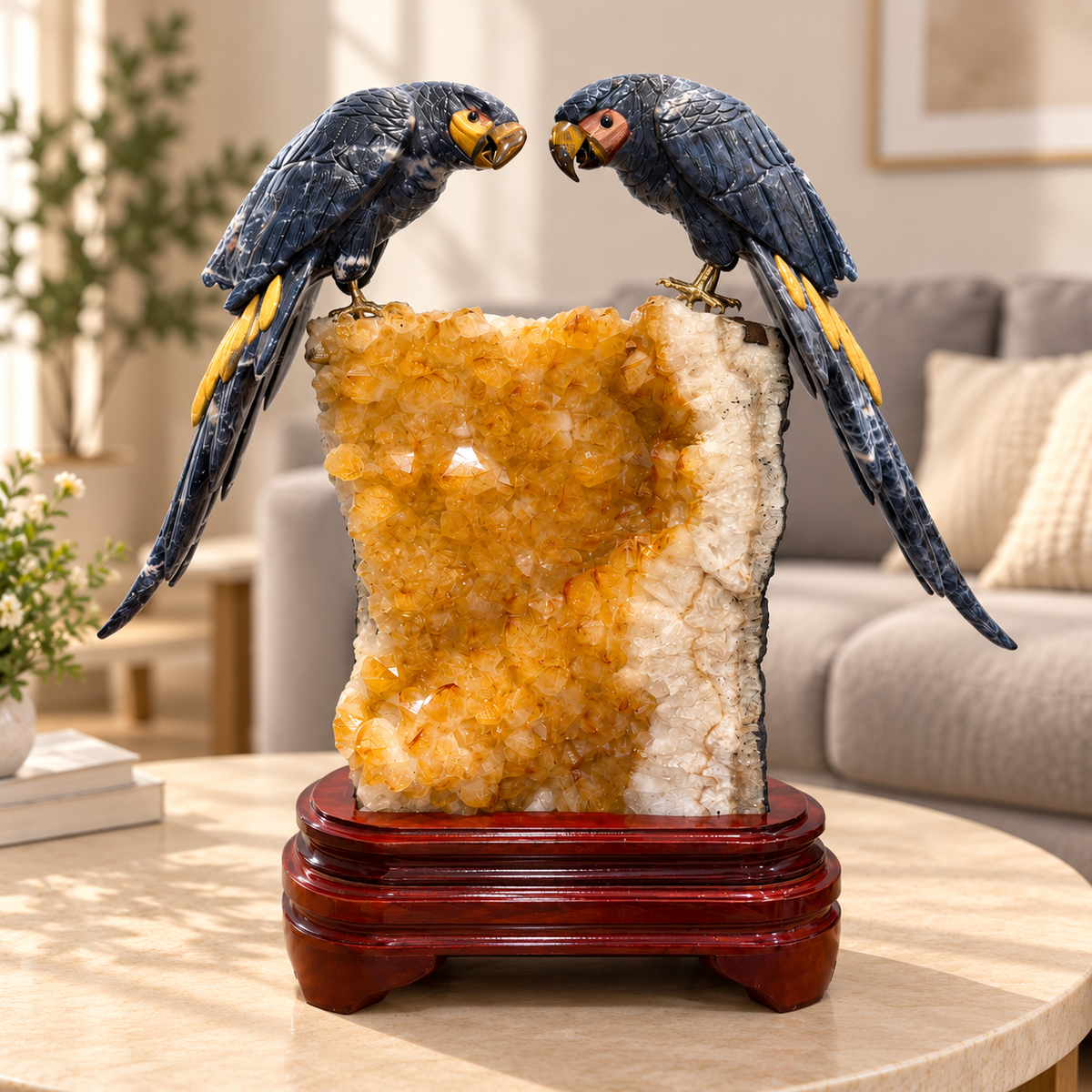 Aurevia Citrine Duo Gemstone Birds – Blue Sodalite Crystal Parrot Home Décor, Abundance & Wisdom Symbol | H - 20 inches, W - 18.5 inches, W - 18.950 kg