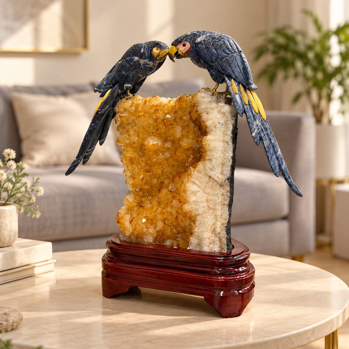 Aurevia Citrine Duo Gemstone Birds – Blue Sodalite Crystal Parrot Home Décor, Abundance & Wisdom Symbol | H - 20 inches, W - 18.5 inches, W - 18.950 kg