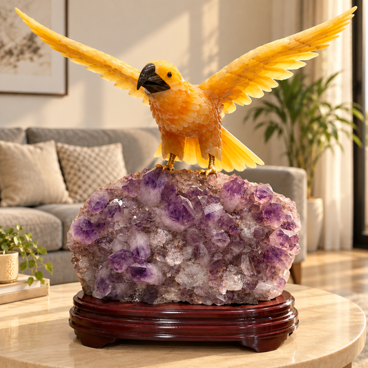 Aureagle Yellow Calcite Gemstone Eagle – Amethyst Crystal Home Décor, Confidence & Positive Energy Symbol. H - 26 inches, W - 25.5 INCHES, W - 36.400 kg