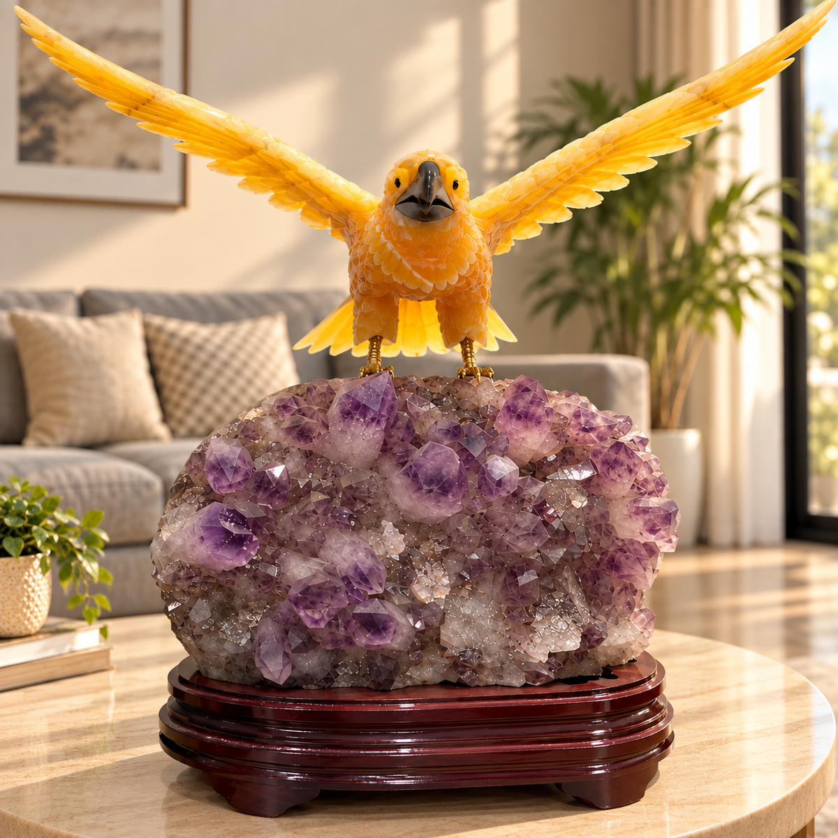 Aureagle Yellow Calcite Gemstone Eagle – Amethyst Crystal Home Décor, Confidence & Positive Energy Symbol. H - 26 inches, W - 25.5 INCHES, W - 36.400 kg