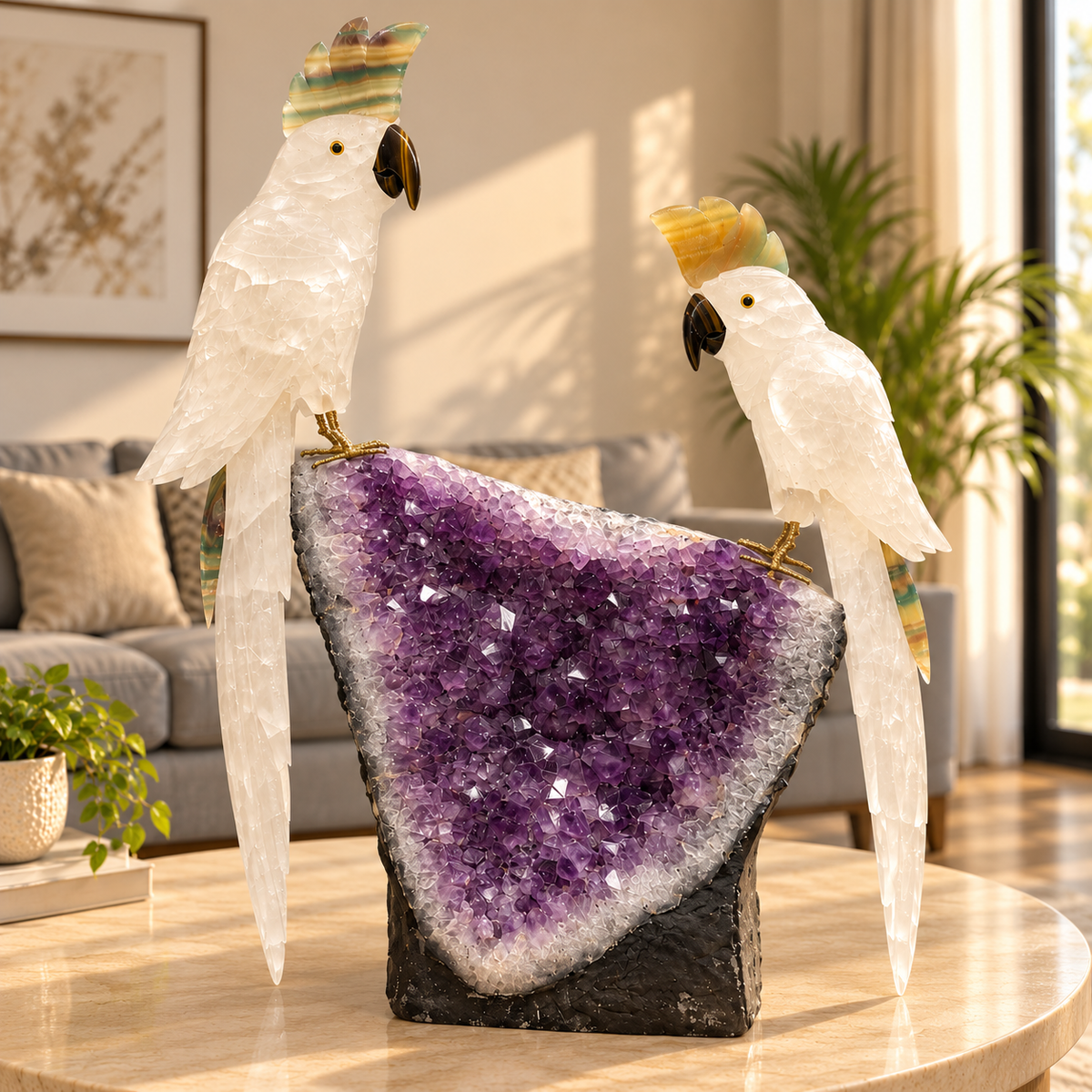 Aurevia Selenite Twin Gemstone Birds – Tiger Eye Crystal Parrot Décor on Amethyst Geode, Clarity & Protection Symbol. H - 21 inches, W - 17 inches, W - 19.950 kg