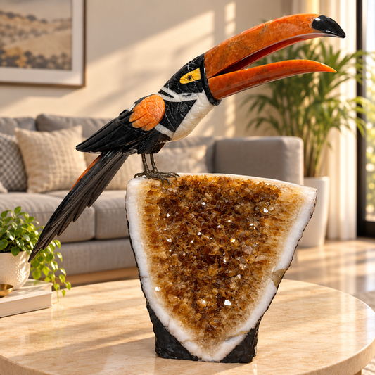 Toucara Citrine Geode Gemstone Toucan – Black Dolomite, White Quartz & Orange Calcite Bird Décor, Positivity & Confidence Symbol. H - 25 inches, W - 27 inches, W - 28.400 kg