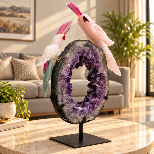 Aurevia Amethyst Gemstone Duo Birds – Rose Quartz, Pink Agate & Green Jade Crystal Bird Home Décor, Love & Harmony Symbol, 28 Inch, 13.700 kg