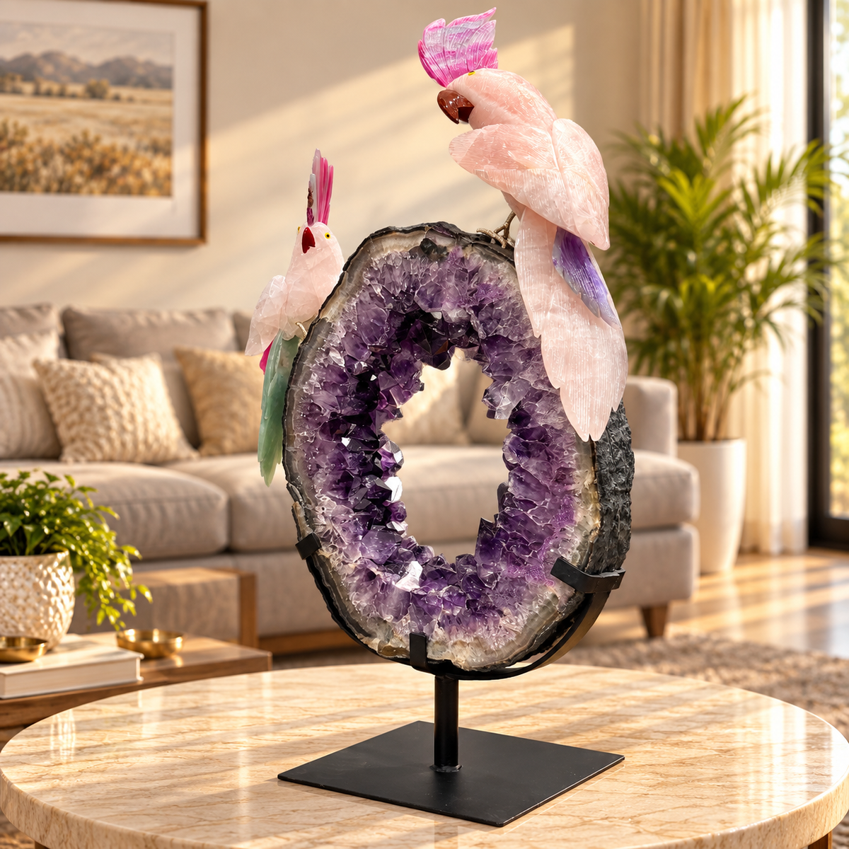 Aurevia Amethyst Gemstone Duo Birds – Rose Quartz, Pink Agate & Green Jade Crystal Bird Home Décor, Love & Harmony Symbol, 28 Inch, 13.700 kg