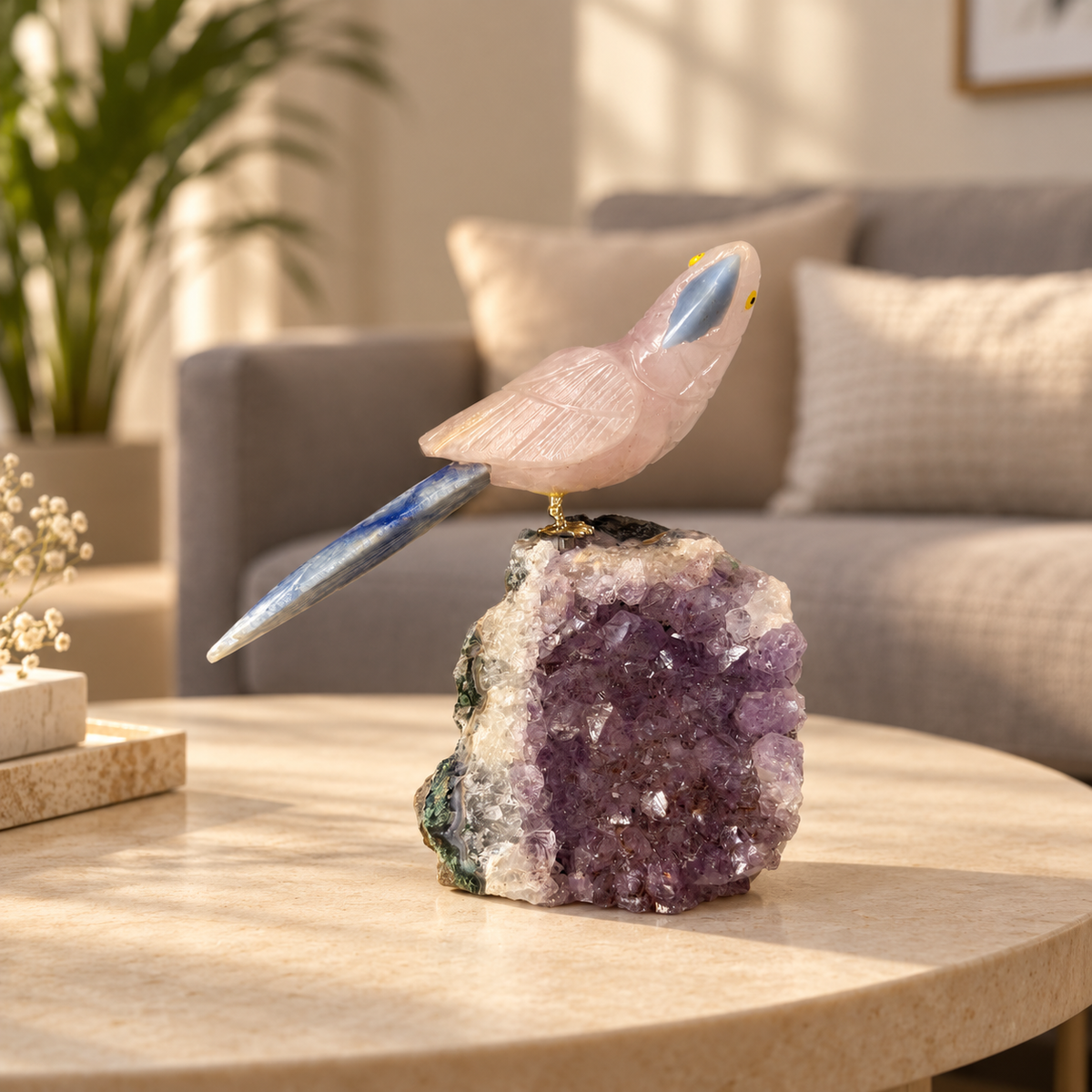 Roselle Rose Quartz Gemstone Bird – Lapis Lazuli Crystal Parrot on Amethyst Base, Love & Wisdom Symbol, 5.5 Inch, 0.700 kg