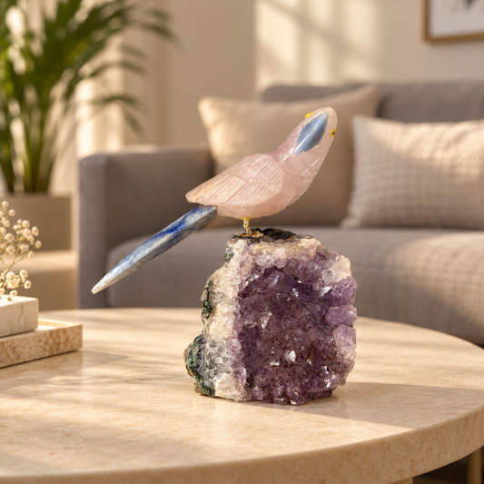 Roselle Rose Quartz Gemstone Bird – Lapis Lazuli Crystal Parrot on Amethyst Base, Love & Wisdom Symbol, 5.5 Inch, 0.700 kg